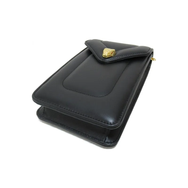 BVLGARI Serpenti Reverse Calfskin Shoulder Bag Crossbody Bag Cell Phone Pouch Women's Black-3