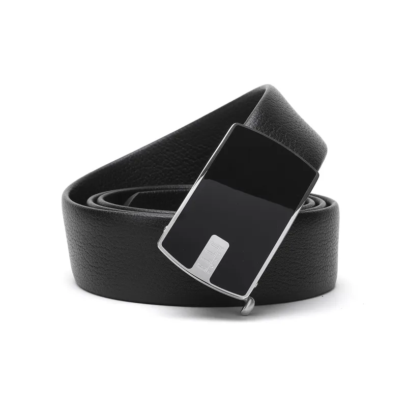 ELLE HOMME Automatic Buckle Steel Buckle Business Top Grain Cow Leather Belts Men's Black Width 3.7cm-0