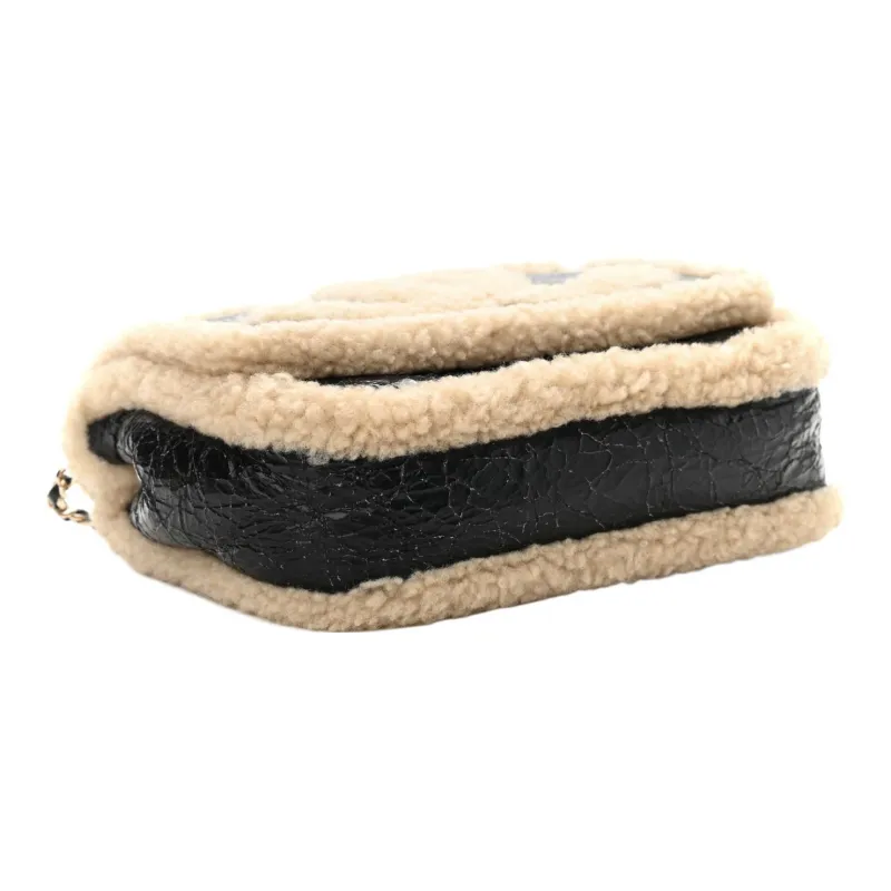CHANEL Shear Sheepskin And Combine With Wool Flap Bag, Shoulder Bag, Crossbody Bag Women's Black & Beige-3