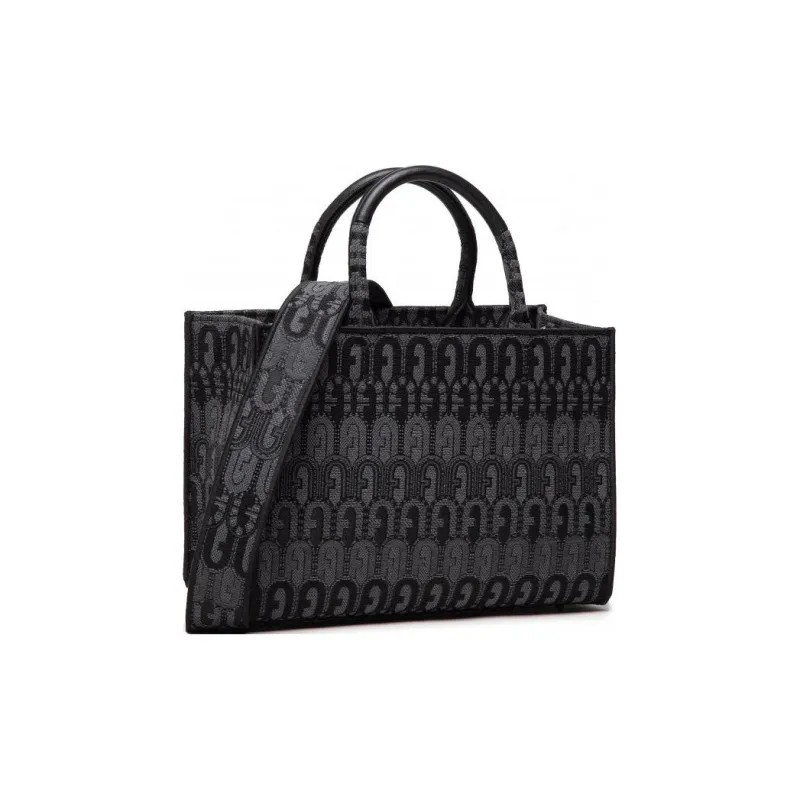 Furla Opportunity Jacquard Fabric Tote Bag Shopping Bag Handbag Shoulder Bag Women's Gray & Black-0
