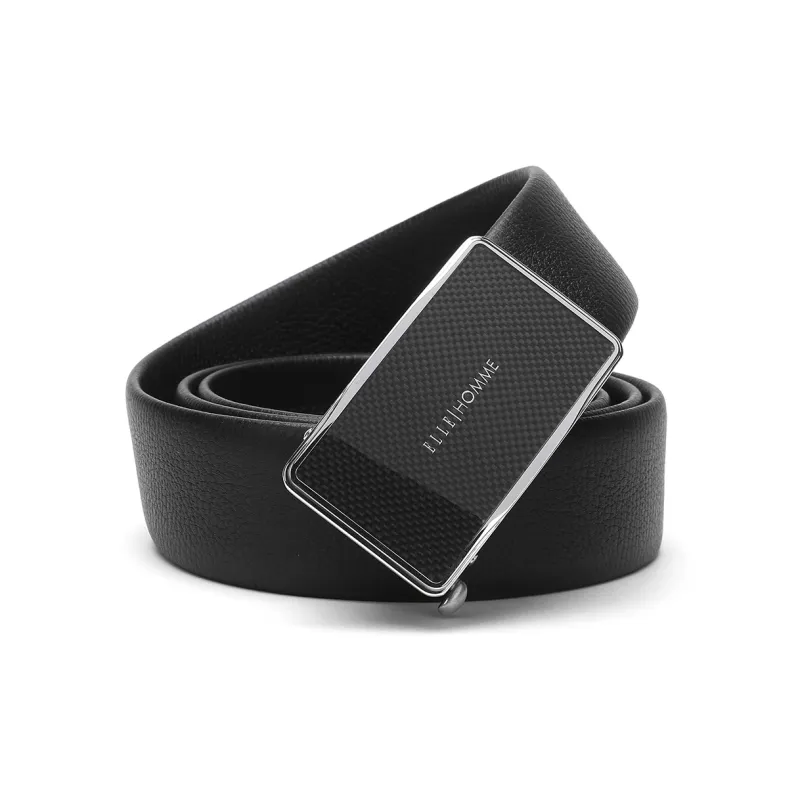ELLE HOMME Automatic Buckle Woven Steel Buckle Business Top Grain Cow Leather Belts Men's Black Width 3.7cm-0