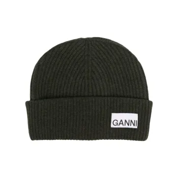 GANNI Logo patch Ribbed knit Beanie