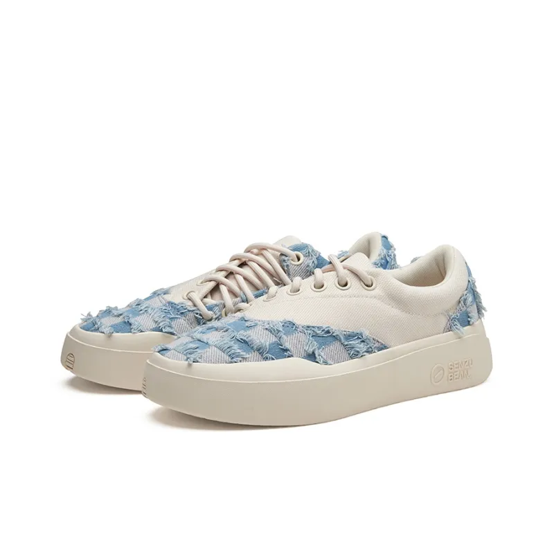 Senzubean Chao Fang Blue Plaid Fringe Low Top SZB Fairy Bean Skateboard Shoes Unisex Blue White-2