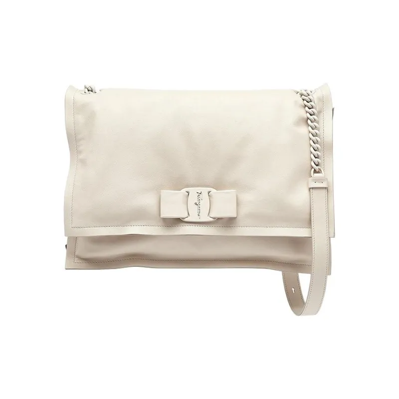 FERRAGAMO Calfskin Pillow Bag, Chain Shoulder Strap, Crossbody Bag Women's White-0