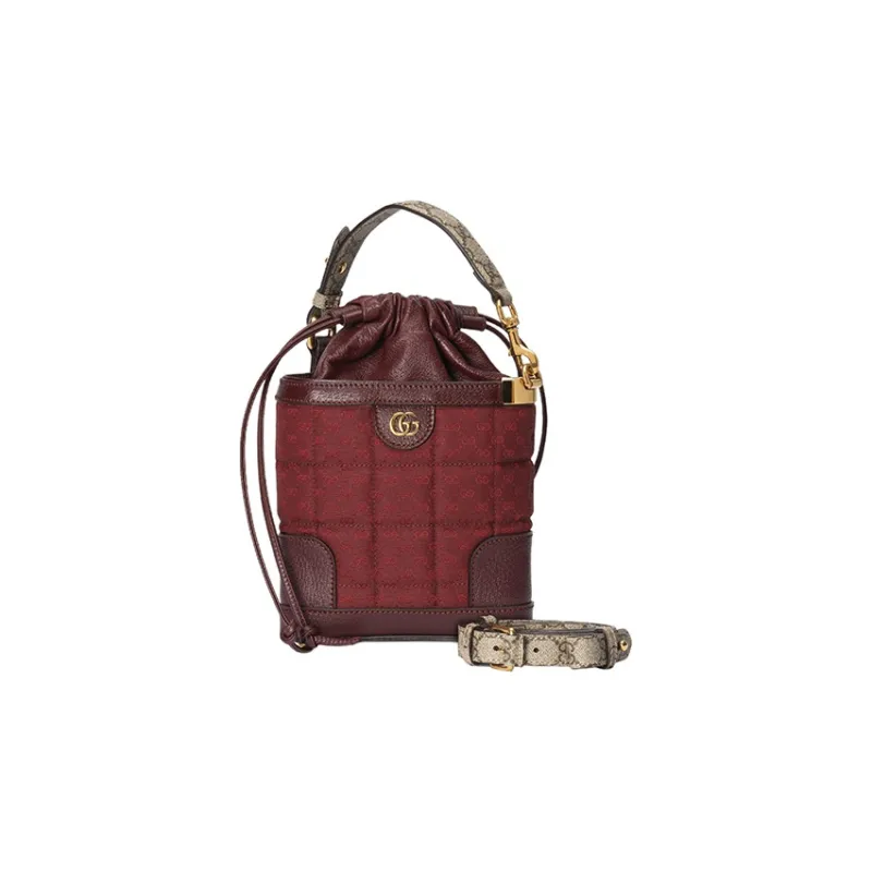 GUCCI Canvas With Leather Trim Bucket Bag, Handbag, Shoulder Bag, Crossbody Bag Mini Women's Burgundy-1