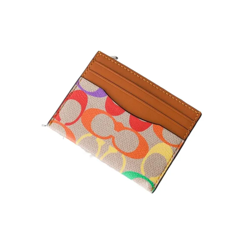 COACH Card Case Canvas With Calfskin Card Clip Card Holder Women's Brown & Rainbow-2