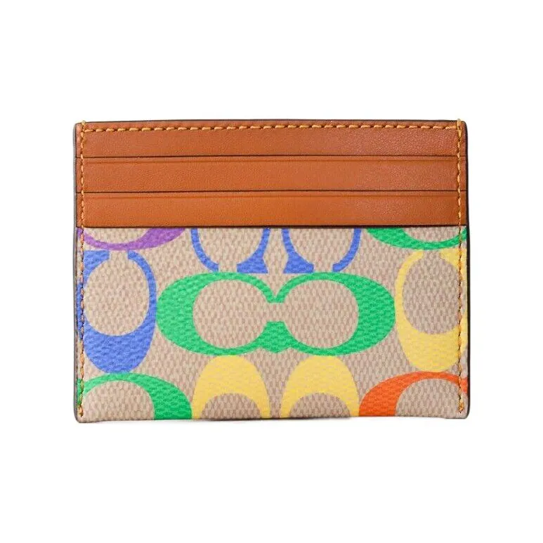 COACH Card Case Canvas With Calfskin Card Clip Card Holder Women's Brown & Rainbow-3