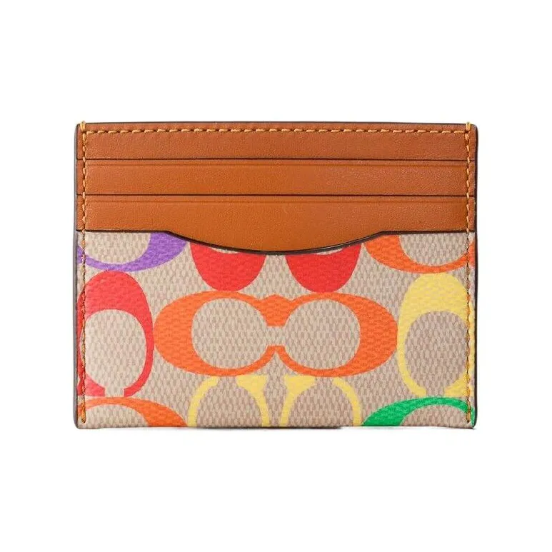 COACH Card Case Canvas With Calfskin Card Clip Card Holder Women's Brown & Rainbow-1