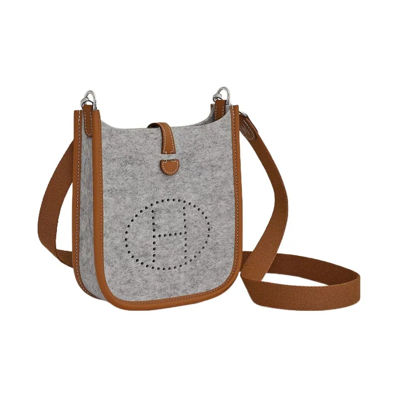 HERMES Swift Calfskin With Velvet Fabric Shoulder Bag Crossbody Bag Mini Unisex Moonlight Gray & Brown-1