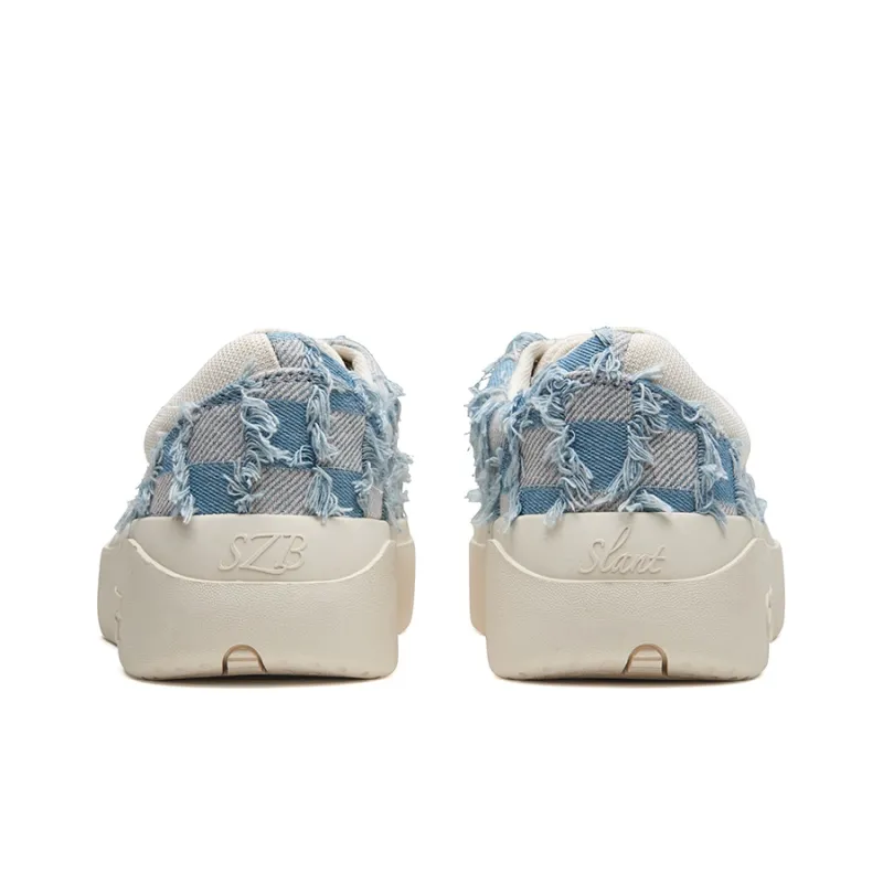 Senzubean Chao Fang Blue Plaid Fringe Low Top SZB Fairy Bean Skateboard Shoes Unisex Blue White-4