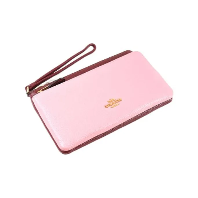 COACH Double Zip Wallet Pebbled Leather Card Holder Wallet Women's Pink & Burgundy-3