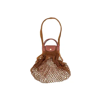 LONGCHAMP Le Pliage Filet Cotton With Cow Leather Handbag Large Size Women's Tobacco