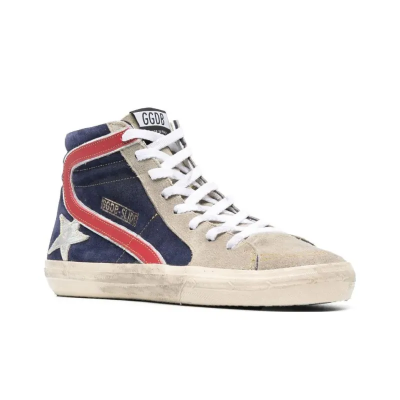 Golden Goose Slide Mid-Top Skateboard Shoes Men's Beige Blue Vintage Version-2