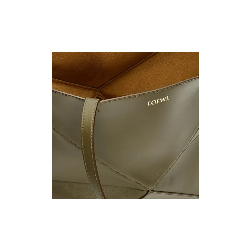 LOEWE Puzzle Fold Shiny Cow Leather Tote Bag, Shopping Bag, Handbag Medium Size Women's Dark Khaki Green-5