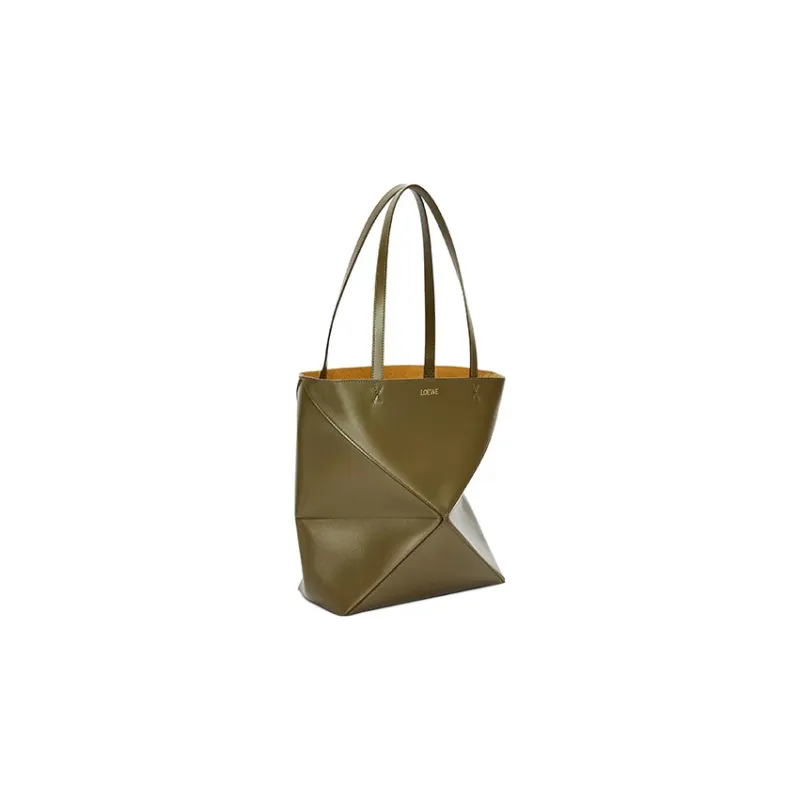 LOEWE Puzzle Fold Shiny Cow Leather Tote Bag, Shopping Bag, Handbag Medium Size Women's Dark Khaki Green-1