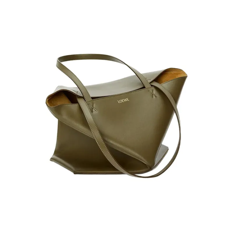 LOEWE Puzzle Fold Shiny Cow Leather Tote Bag, Shopping Bag, Handbag Medium Size Women's Dark Khaki Green-2