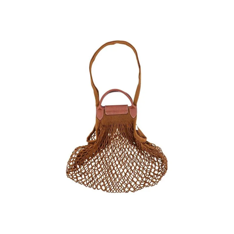 LONGCHAMP Le Pliage Filet Cotton With Cow Leather Handbag Large Size Women's Tobacco-3