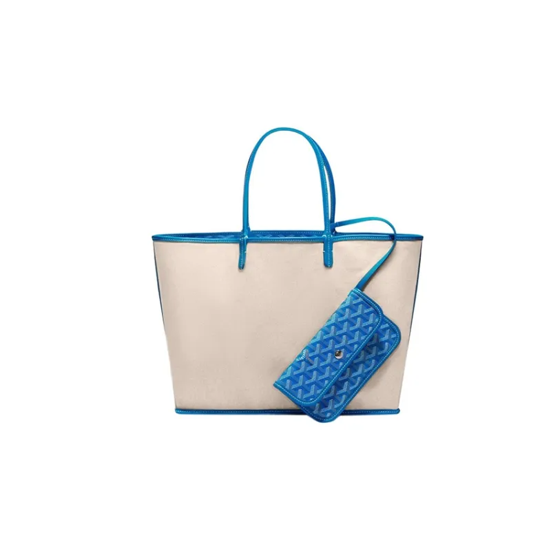 GOYARD Saint Louis Canvas With Calfskin Dog's Teeth Tote Bag Shopping Bag Handbag Small Size Unisex Blue-2