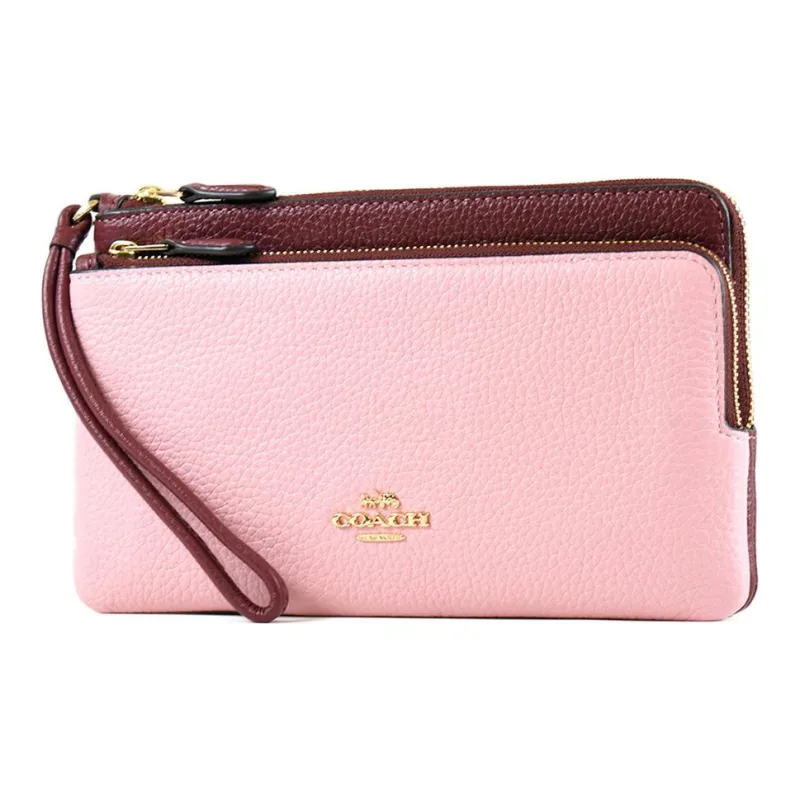 COACH Double Zip Wallet Pebbled Leather Card Holder Wallet Women's Pink & Burgundy-1