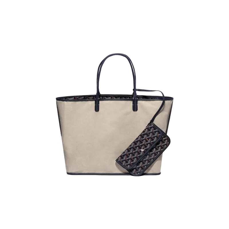 GOYARD Saint Louis Canvas With Calfskin Dog's Teeth Tote Bag Shopping Bag Handbag Small Size Unisex Dark Blue-2