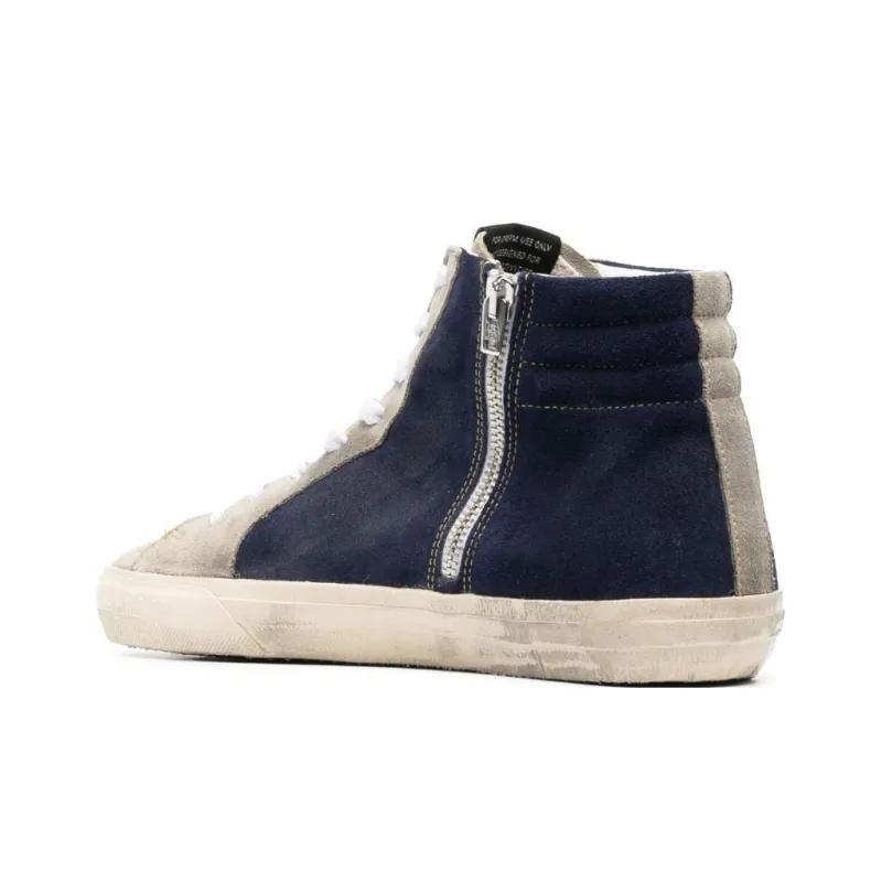 Golden Goose Slide Mid-Top Skateboard Shoes Men's Beige Blue Vintage Version-3