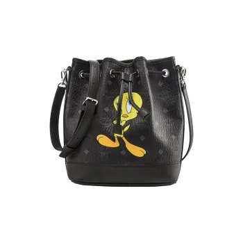 MCM Looney Tunes Collaboration Leather Trim Handbag, Shoulder Bag, Crossbody Bag, Bucket Bag Medium Size Women's Black