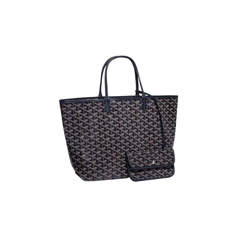 GOYARD Saint Louis Canvas With Calfskin Dog's Teeth Tote Bag Shopping Bag Handbag Small Size Unisex Dark Blue-0