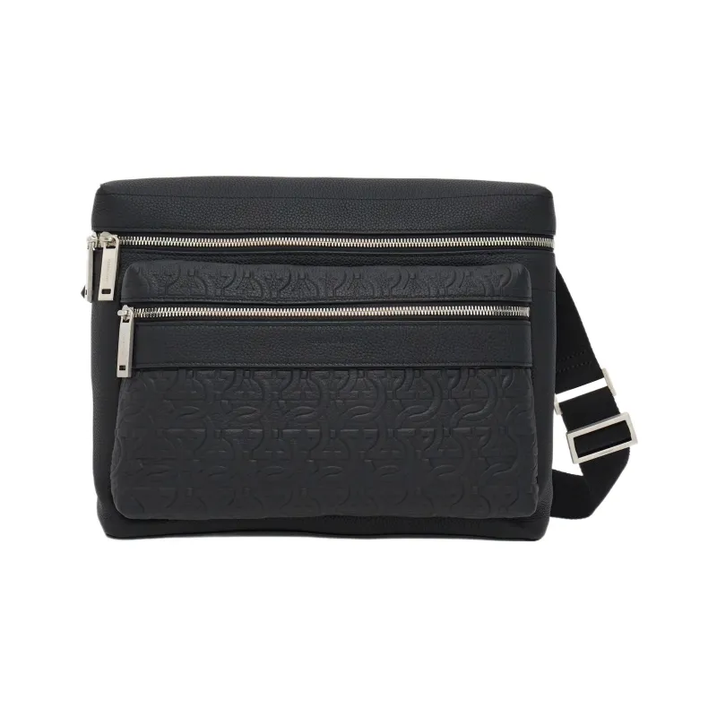 FERRAGAMO GANCINI Calfskin Crossbody Bag Shoulder Bag Men's Black-0