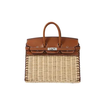 HERMES Birkin Wicker With Swift Cow Leather Birkin Bag Rattan Handbag Regular Women's 37 Gold Gold Brown