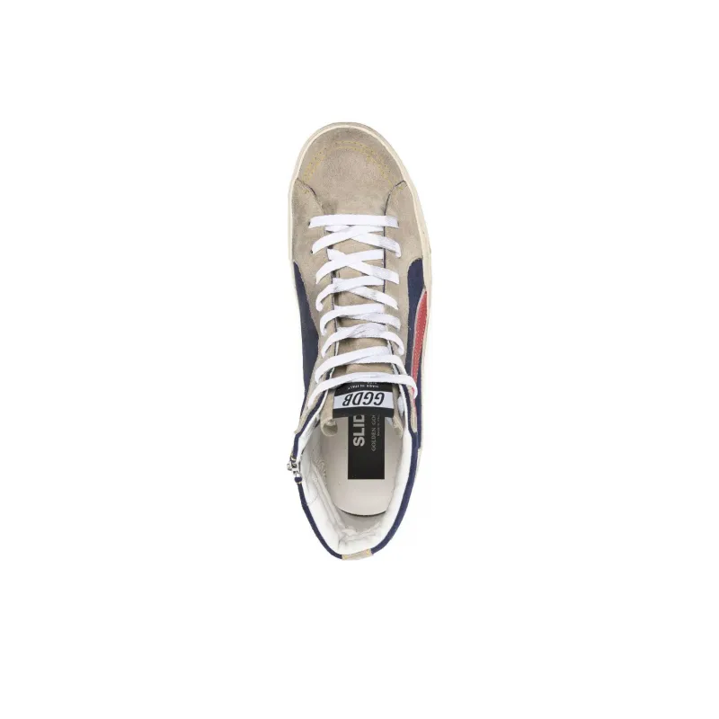 Golden Goose Slide Mid-Top Skateboard Shoes Men's Beige Blue Vintage Version-4