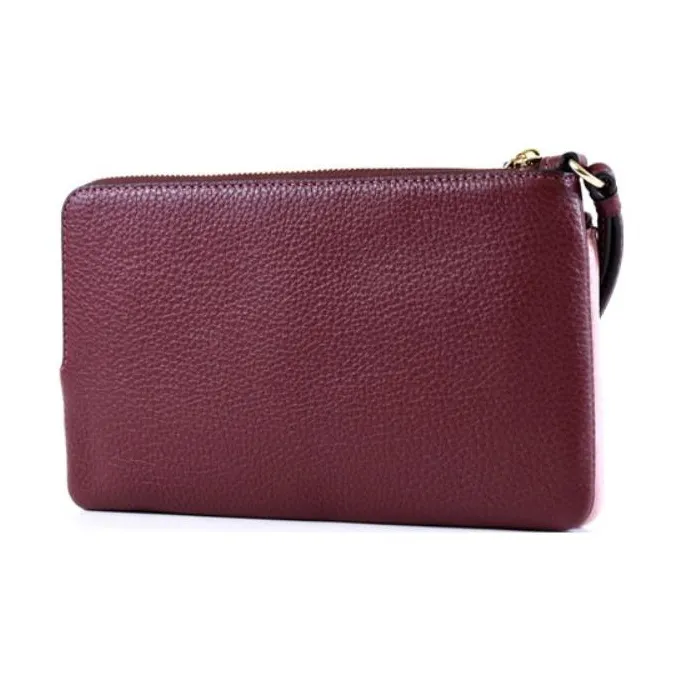 COACH Double Zip Wallet Pebbled Leather Card Holder Wallet Women's Pink & Burgundy-2