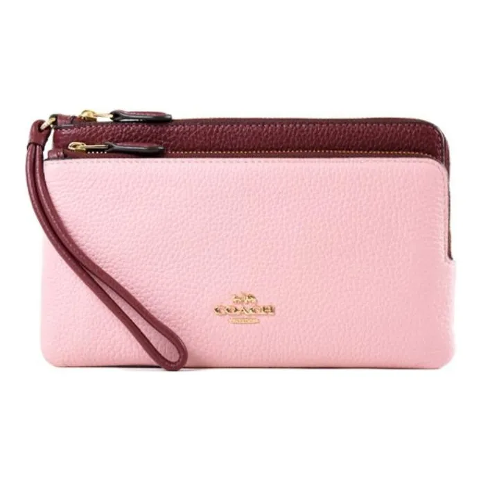 COACH Double Zip Wallet Pebbled Leather Card Holder Wallet Women's Pink & Burgundy-0