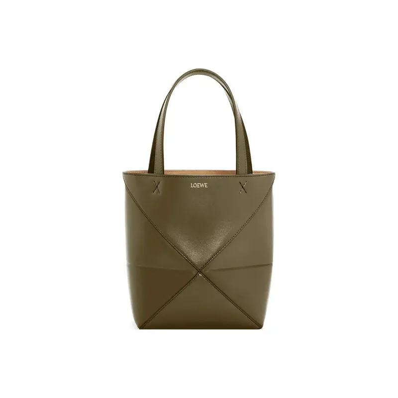 LOEWE Puzzle Fold Shiny Cow Leather Tote Bag, Shopping Bag, Handbag Mini Men's Dark Khaki Green-0