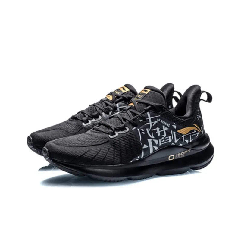 LiNing SOFT PLUS PLUS Cushioned Slip Resistant Low Top Running Shoes Men's Black White Text-2