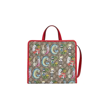 GUCCI Canvas With Leather Tote Bag, Shopping Bag, Shoulder Bag, Crossbody Bag, Handbag Regular Kids' Brown/Red