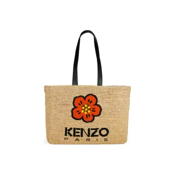 KENZO Raffia With Leather Tote Bag Shopping Bag Shoulder Bag Handbag Large Size Women's Khaki
