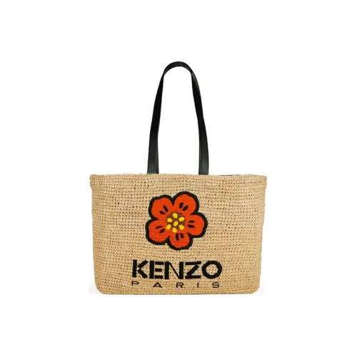 KENZO Raffia With Leather Tote Bag Shopping Bag Shoulder Bag Handbag Large Size Women's Khaki