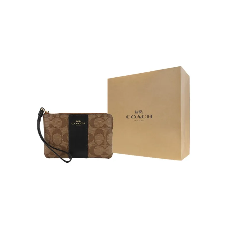 COACH Corner Zip Leather Pochette Clutch Coin Wrist Bag Wallet Trumpets Women's Black & Brown-6