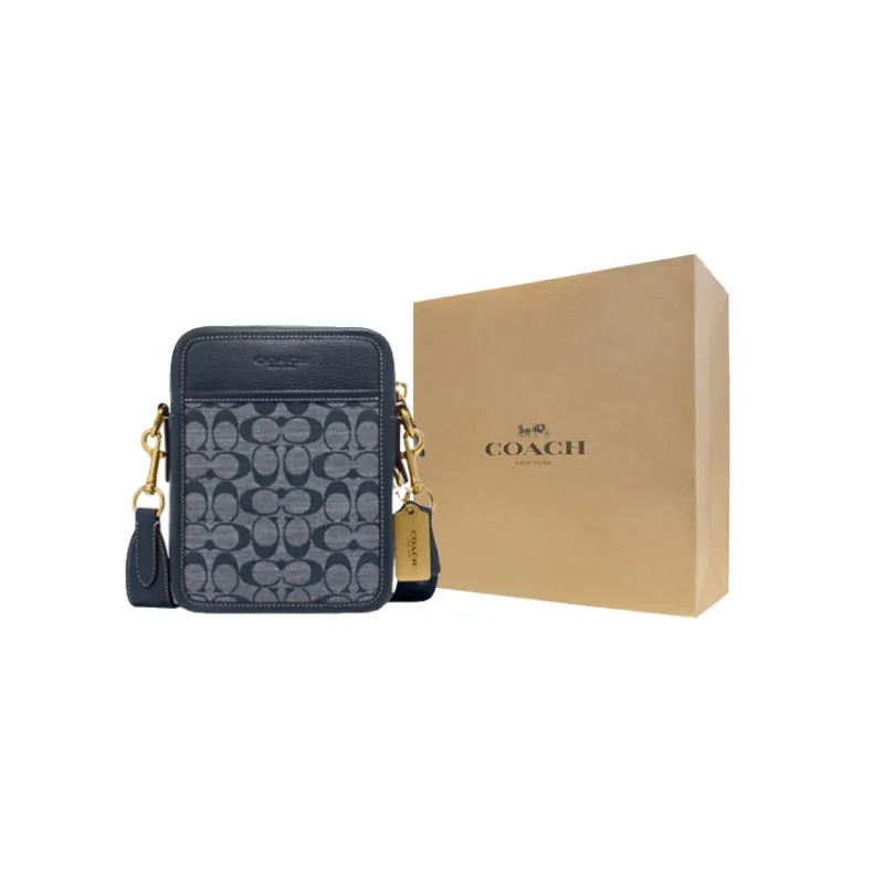 COACH Sullivan Jacquard Fabric With Cow Leather Patchwork Shoulder Bag Crossbody Bag Small Size Men's Denim-11