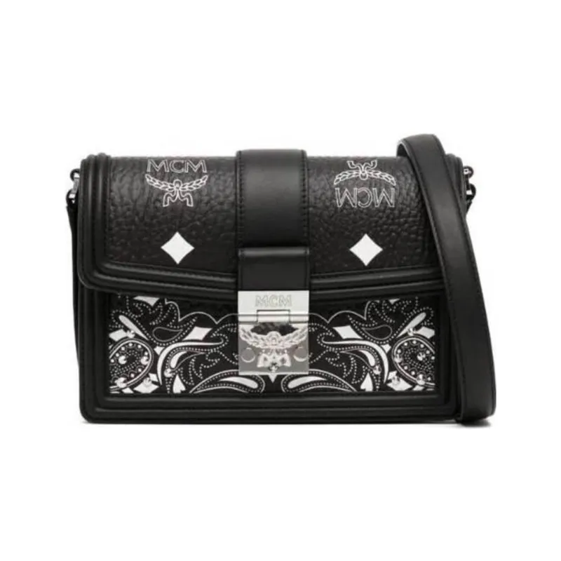 MCM Canvas Leather Shoulder Bag, Crossbody Bag Trumpets Women's Black-0