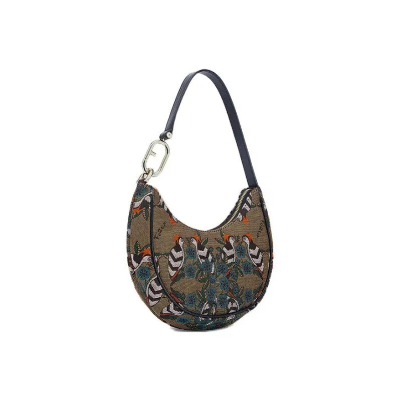 Furla Primavera Fabric Cow Leather Patchwork Handbag Shoulder Bag Women's Gray-1