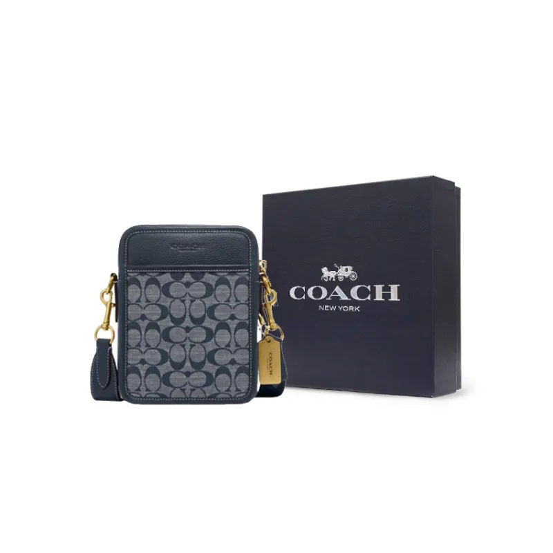 COACH Sullivan Jacquard Fabric With Cow Leather Patchwork Shoulder Bag Crossbody Bag Small Size Men's Denim-9