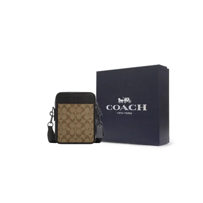 COACH Sullivan Coated Canvas With Pebbled Leather Shoulder Bag, Crossbody Bag Trumpets Men's Khaki With Charcoal-5