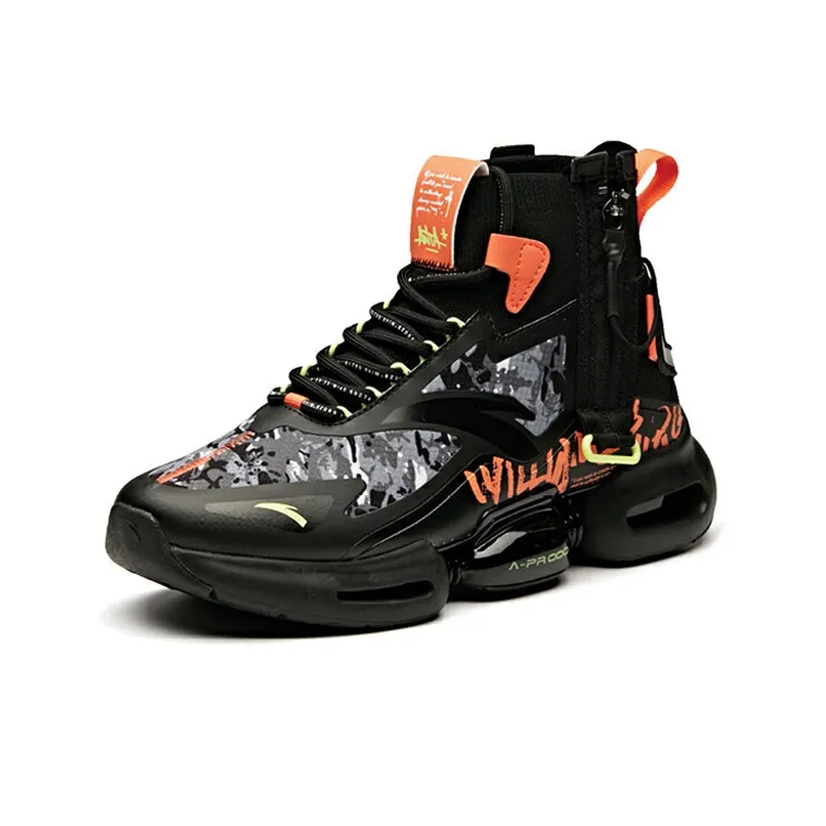 Anta High-Top Running Shoes Men's Black Gray Orange Full-Length Air Cushion-1