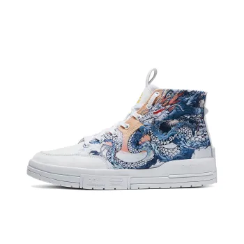 PEAK High Top Skateboard Shoes Men's White Dragon Misty Blue Color Scheme