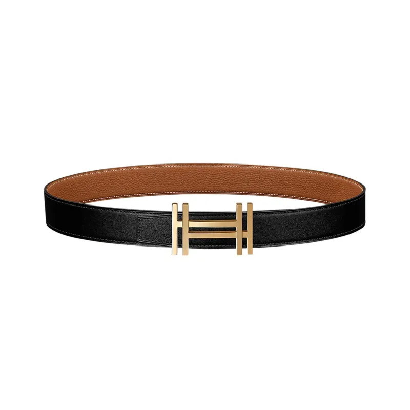 HERMES Royal Togo Calfskin Double Sided Leather Belt Men's Black/Gold 3.2cm-0
