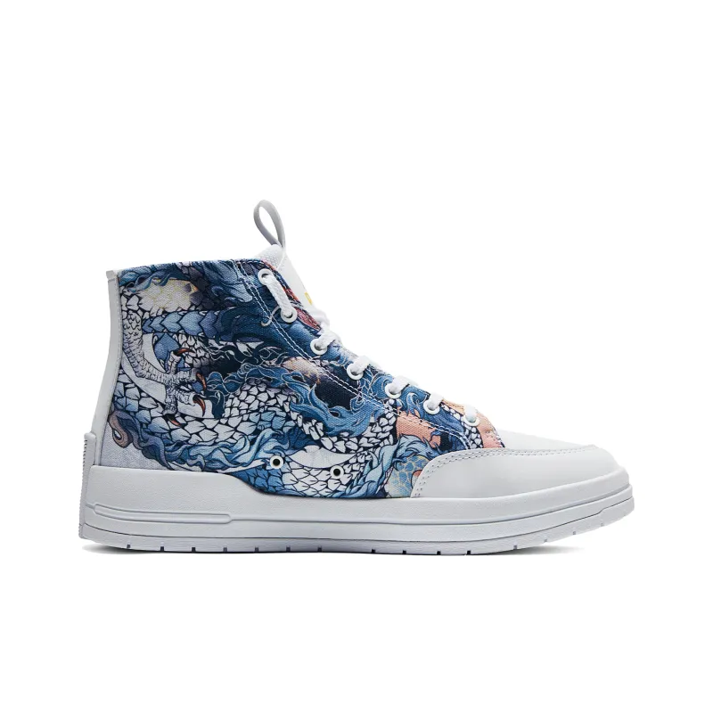 PEAK High Top Skateboard Shoes Men's White Dragon Misty Blue Color Scheme-1