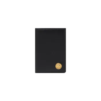 VERSACE Grained Calfskin Card Clip Card Holder Wallets Men's Black