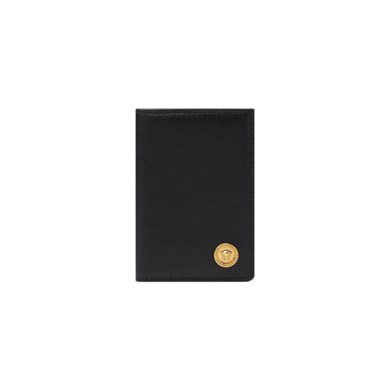 VERSACE Grained Calfskin Card Clip Card Holder Wallets Men's Black-0