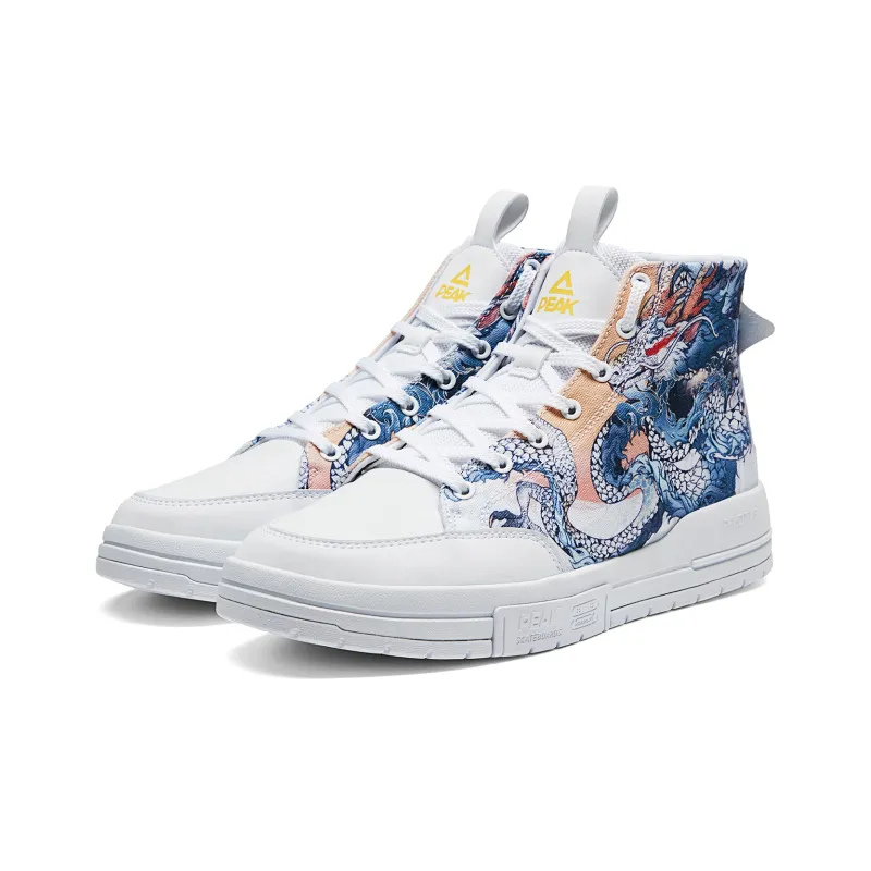 PEAK High Top Skateboard Shoes Men's White Dragon Misty Blue Color Scheme-2
